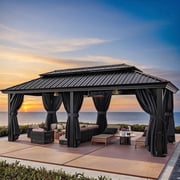 HOTEEL 12'X20' Hardtop Gazebo Aluminum Gazebo with Galvanized Steel Double Roof, Outdoor Permanent Frame Canopy Metal Pavilion with Netting and Curtains for Patio, Backyard, Garden Black