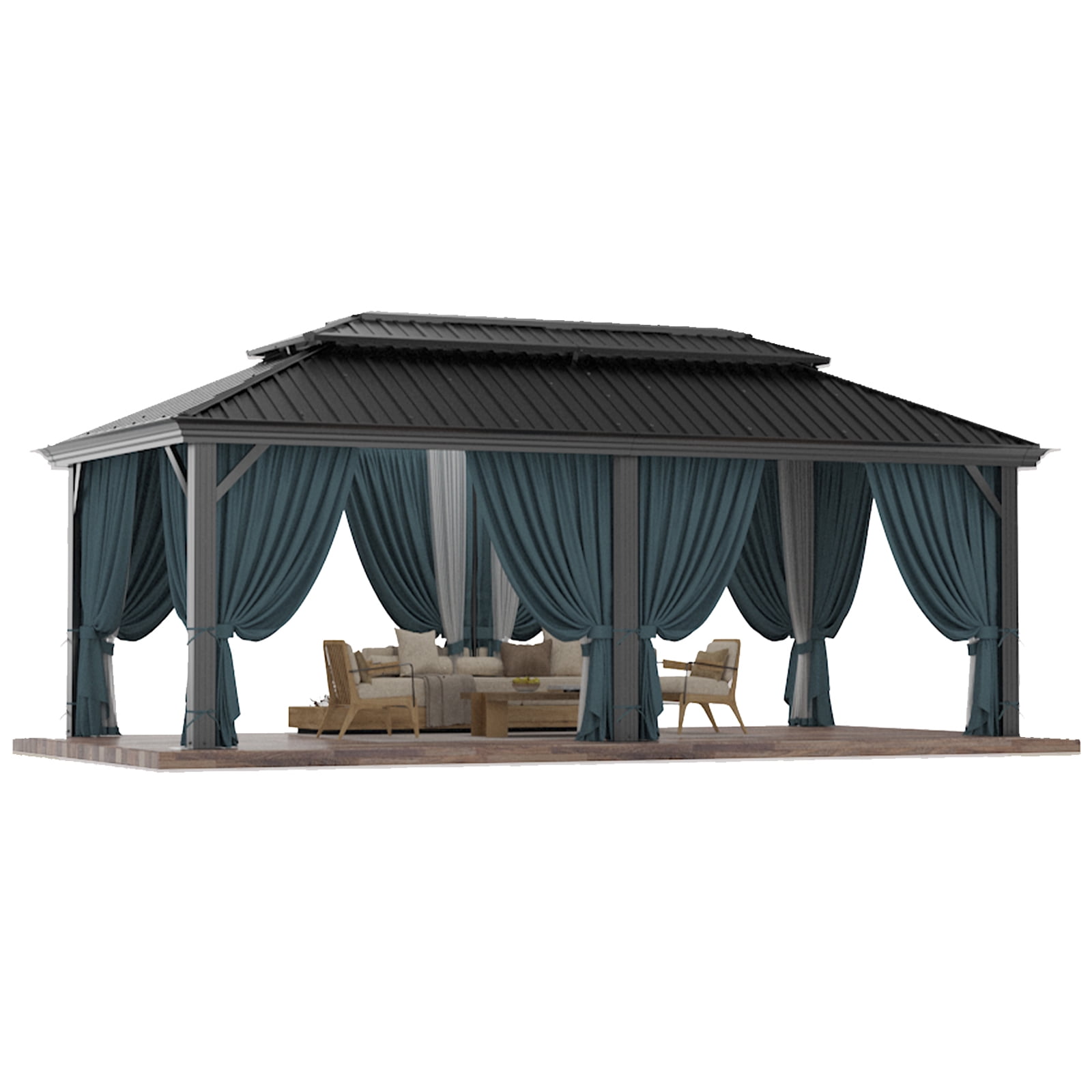 12x20 Black Aluminum and Steel Hardtop Gazebo with Curtains and Netting