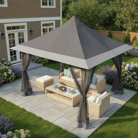 HOTEEL 12' x 12' Pop-Up Gazebo Outdoor Gazebo Portable Canopy with Mosquito Netting Patio Tent Backyard Canopy with 3 Adjustable Heights, Gray