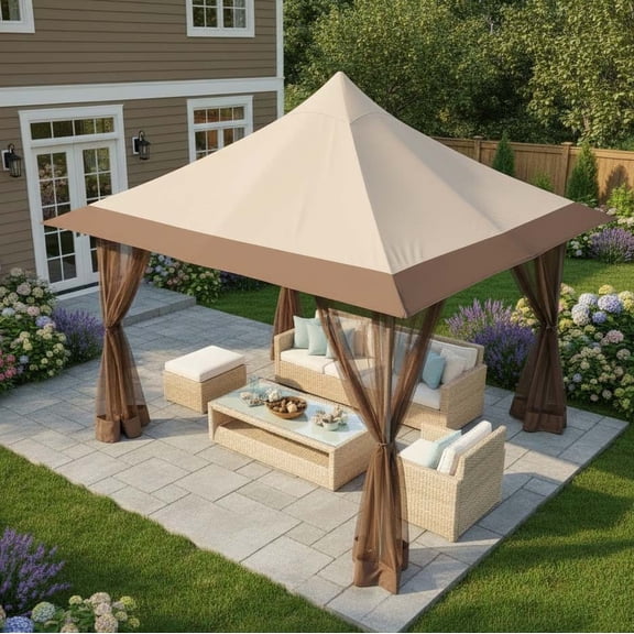 HOTEEL 12' x 12' Pop-Up Gazebo Outdoor Gazebo Portable Canopy with Mosquito Netting Patio Tent Backyard Canopy with 3 Adjustable Heights, Khaki