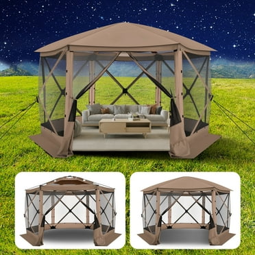 HOTEEL 12 x 12 Portable Pop-Up Outdoor Camping Gazebo, Glamping Canopy with Mosquito Nettings, Waterproof, UV, Hub Tent Instant Screened Tent Canopy Shelter with Ground Stakes & Carry Bag, Beige