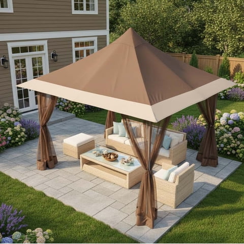 HOTEEL 12' x 12' Pop-Up Gazebo Outdoor Gazebo Portable Canopy with Mosquito Netting Patio Tent Backyard Canopy with 3 Adjustable Heights, Brown