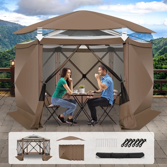 HOTEEL 12x12ft Pop-up Gazebo EZ Set-up Camping Canopy Tent with 6 Sides Mosquito Netting, Removable Roof, UV Resistant, Portable Screen Tent with Carry bag, Ground Spike, Brown