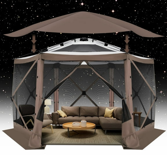 HOTEEL 12'x12' Ez Pop Up Gazebo Tent for Camping, Screen Tent with Removable Roof, Waterproof, UV Resistant, Portable Carry Bag,Brown