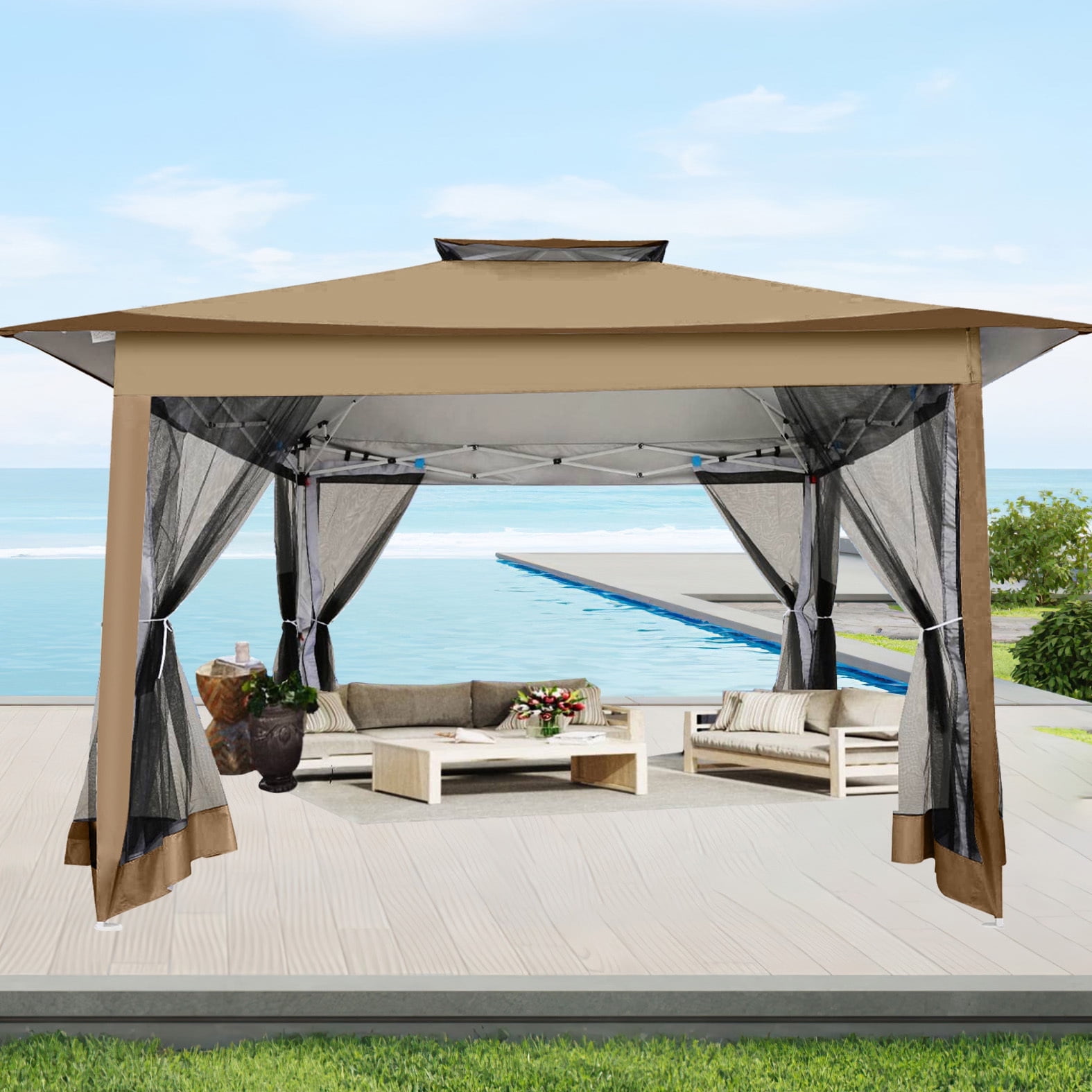 HOTEEL 12'x12' Pop Up Gazebo Patio Outdoor Canopy Tent with 8 Mosquito Nettings, Adjustable Height and 144 Square ft of Shade for Garden, Party, Backyard with Vented Top, Brown