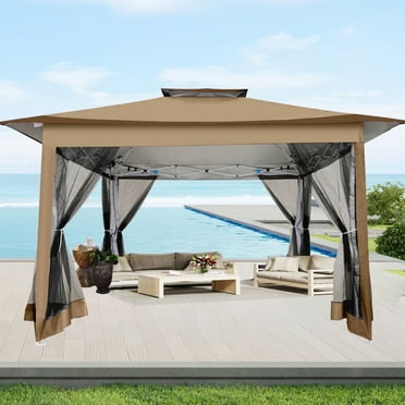 HOTEEL 12'x12' Pop Up Gazebo Patio Outdoor Canopy Tent with 8 Mosquito Nettings, Adjustable Height and 144 Square ft of Shade for Garden, Party, Backyard with Vented Top, Brown