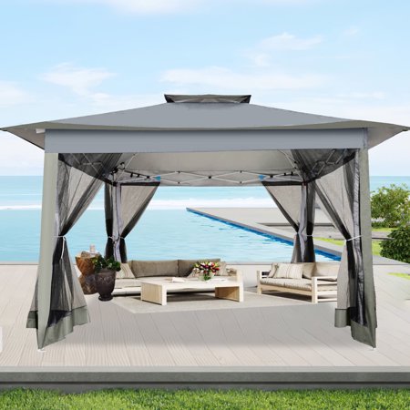 HOTEEL 12'x12' Pop Up Gazebo Patio Outdoor Canopy Tent with 8 Mosquito Nettings, Adjustable Height and 144 Square ft of Shade for Garden, Party, Backyard with Vented Top, Gray