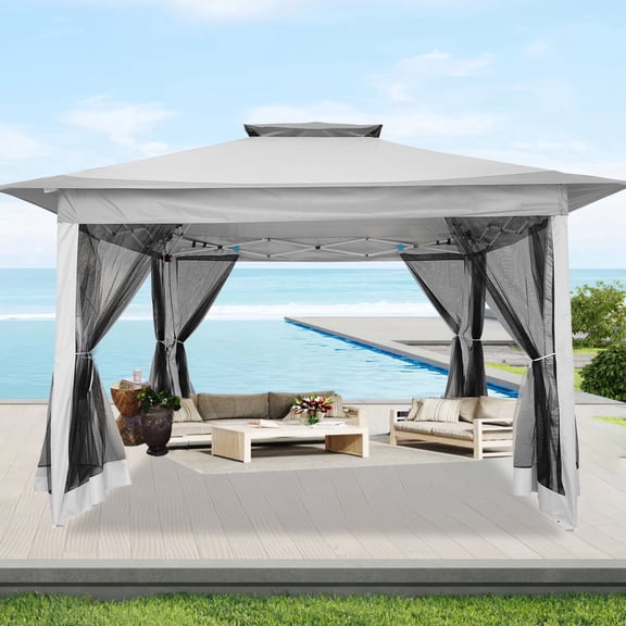 HOTEEL 12' x 12' Pop Up Gazebo Patio Outdoor Canopy Tent with Netting, Vented Top, Adjustable Height and 144 sq ft of Shade for Garden, Party, Backyard, Light Grey