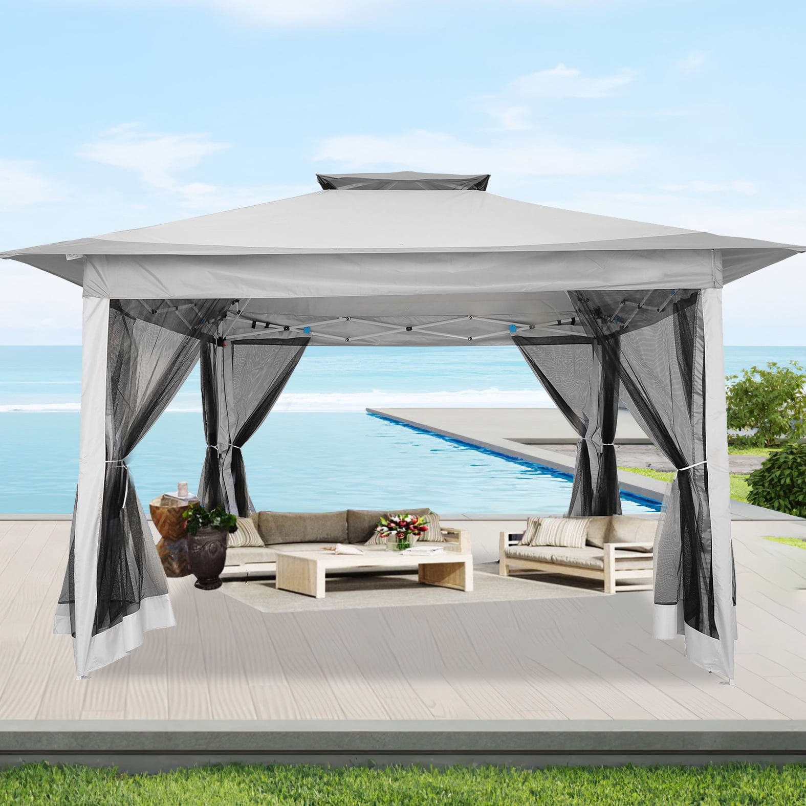 HOTEEL 12'x12' Pop Up Gazebo Patio Outdoor Canopy Tent with 8 Mosquito Nettings, Adjustable Height and 144 Square ft of Shade for Garden, Party, Backyard with Vented Top, Silver