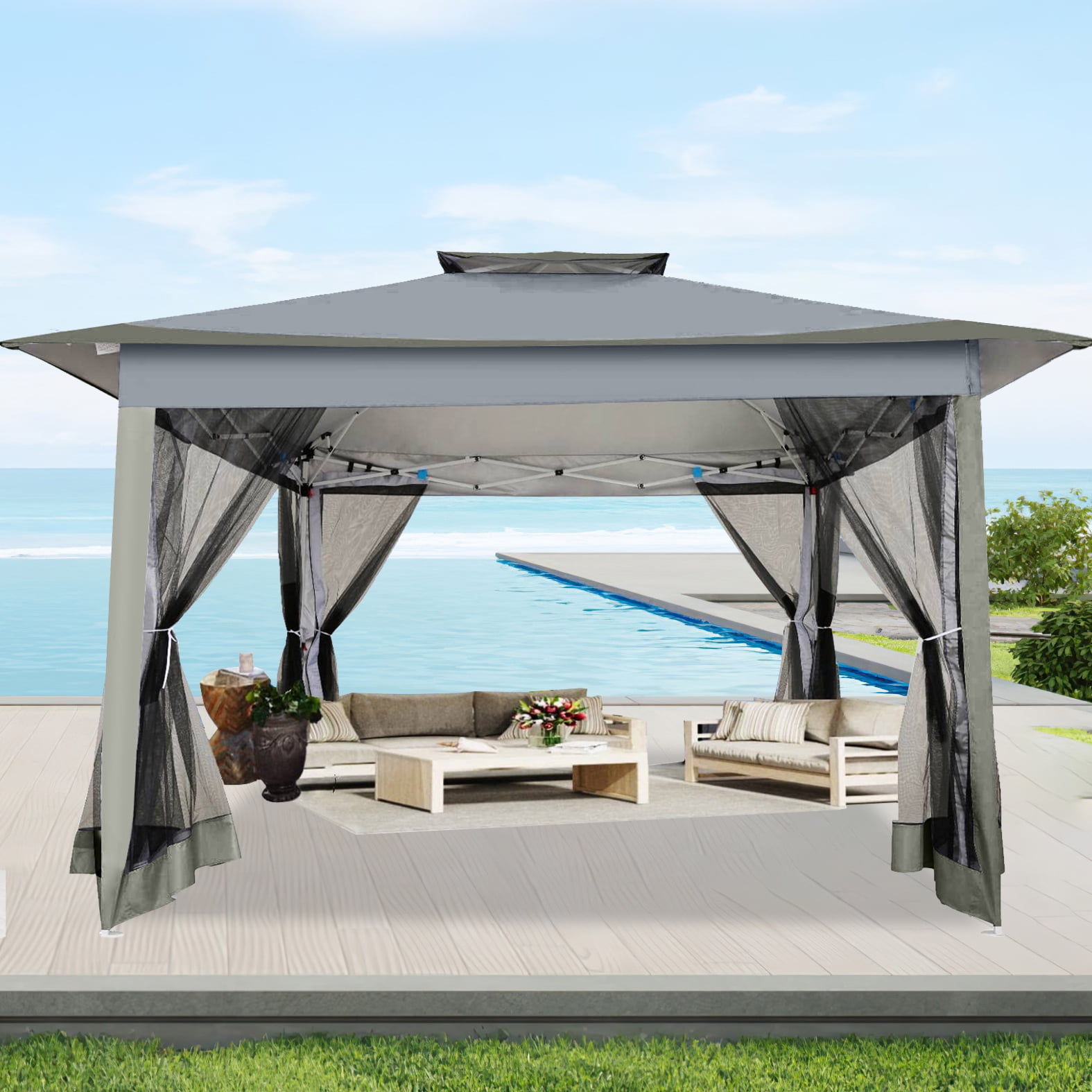 HOTEEL 12' x 12' Pop Up Gazebo Patio Outdoor Canopy Tent with 8 Mosquito Nettings, Adjustable Height and 144 Square ft of Shade for Garden, Party, Backyard with Vented Top, Gray
