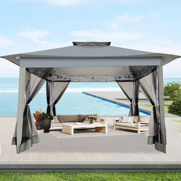 HOTEEL 12' x 12' Pop Up Gazebo Patio Outdoor Canopy Tent with Netting, Vented Top, Adjustable Height and 144 sq ft of Shade for Garden, Party, Backyard, Gray