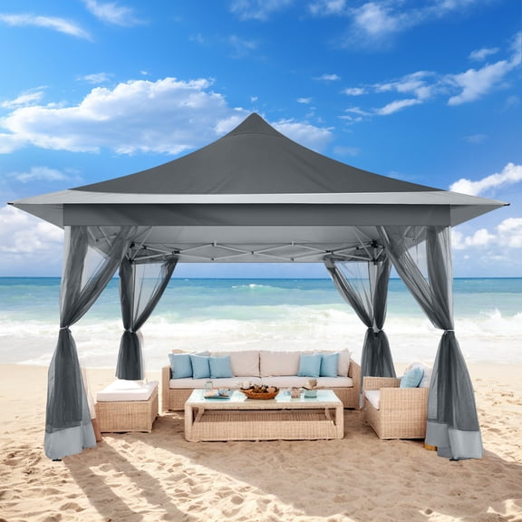 HOTEEL 12' x 12' Pop-Up Gazebo Outdoor Gazebo Portable Canopy with Mosquito Netting Patio Tent Backyard Canopy with 3 Adjustable Heights, Light Gray
