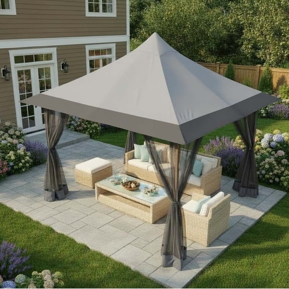 HOTEEL 12' x 12' Pop-Up Gazebo Outdoor Gazebo Portable Canopy with Mosquito Netting Patio Tent Backyard Canopy with 3 Adjustable Heights, Light Gray