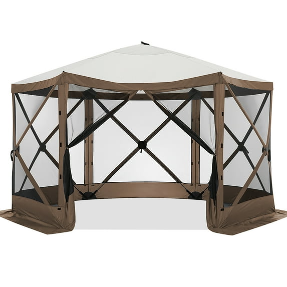 HOTEEL 12x12 ft Pop Up Gazebo Screen House Tent for Camping with Mosquito Netting, Waterproof, UV Resistant, Portable Carry Bag, for Outdoor Camping, Lawn and Backyard, Brown