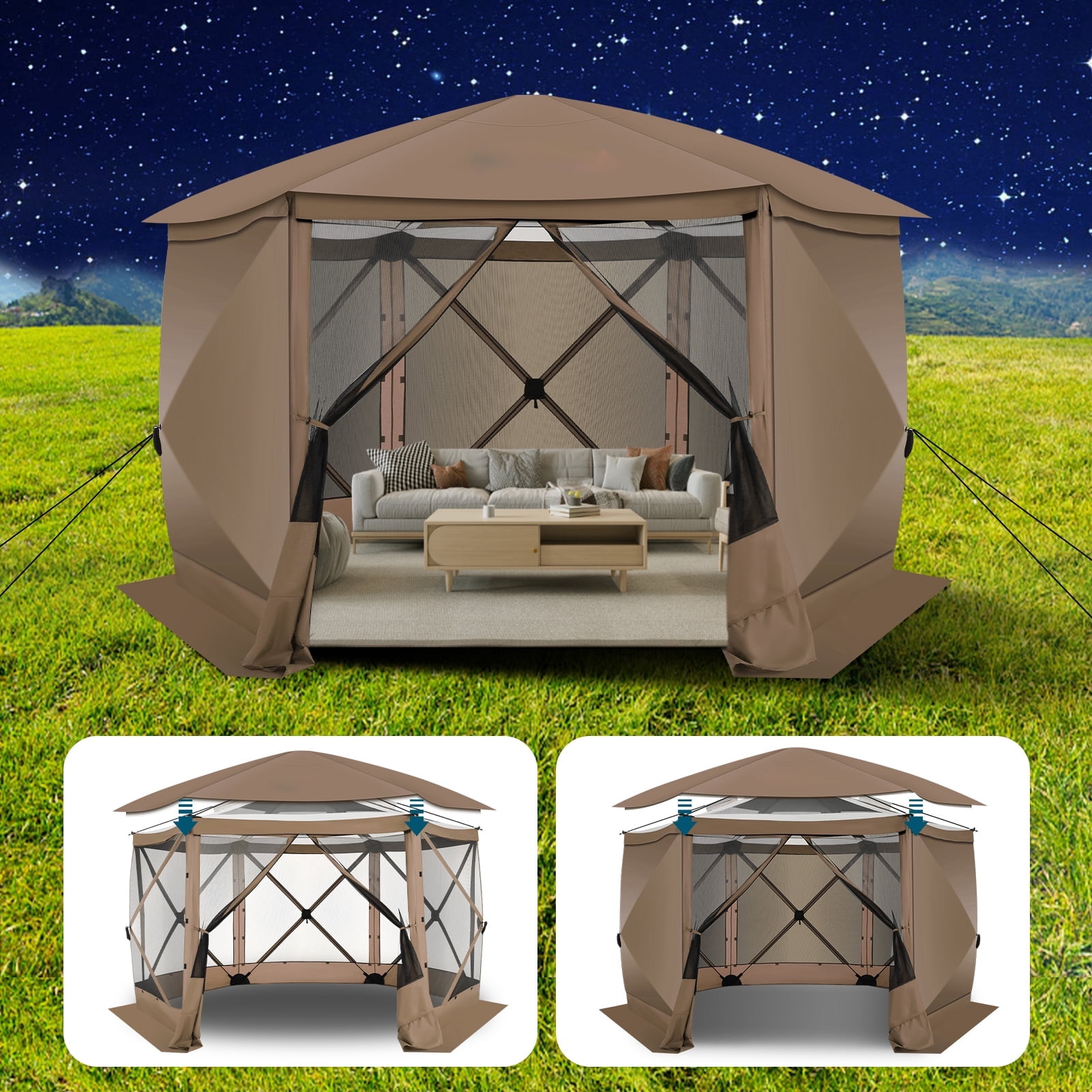 HOTEEL 12x12ft Outdoor Pop up Gazebo, 6 Sided Camping Canopy Tent with Mesh Windows, Portable Carry Bag, Waterproof, UV 50+, Large Shade Tents for Outdoor Camping, Backyard, Brown