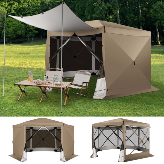 HOTEEL 12x12ft Outdoor Pop up Gazebo, 6 Sided Camping Canopy Tent with Mesh Windows, Portable Carry Bag, Waterproof, UV 50+, Large Shade Tents for Outdoor Camping, Backyard, Khaki