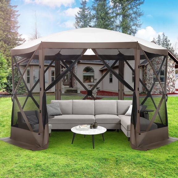HOTEEL 12x12ft Pop-up Gazebo EZ Set-up Camping Canopy Tent with 6 Sides Mosquito Netting, Waterproof, UV Resistant, Portable Screen House Room, Outdoor Party Tent with Carry bag, Ground Spike, Brown