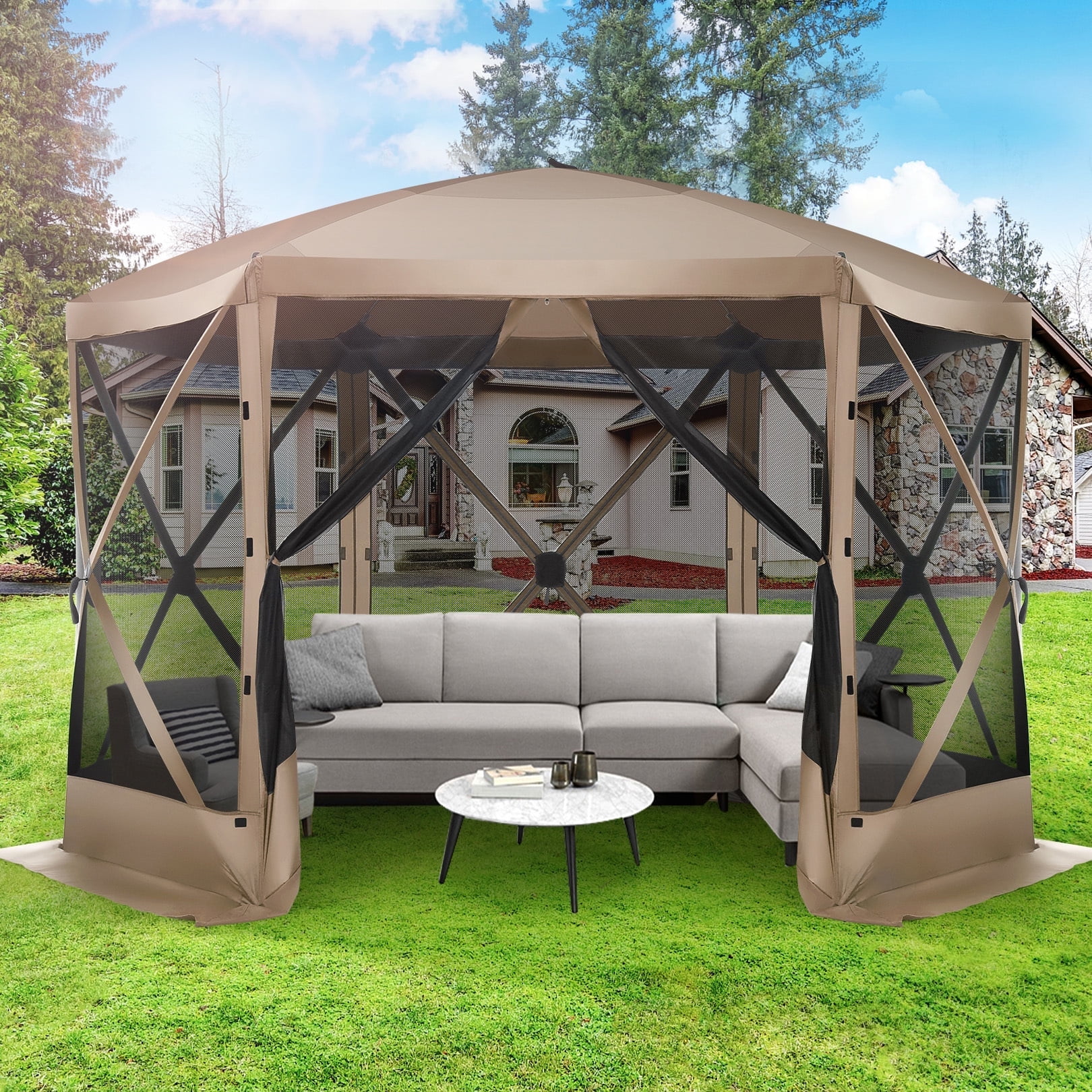 HOTEEL 12x12ft Pop-up Gazebo EZ Set-up Camping Canopy Tent with 6 Sides Mosquito Netting, Waterproof, UV Resistant, Portable Screen House Room, Outdoor Party Tent with Carry bag, Ground Spike, Khaki