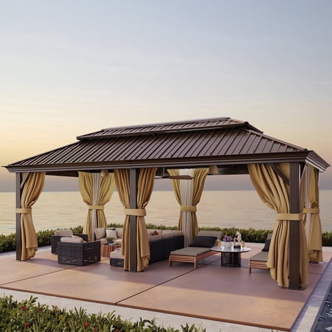 HOTEEL 12x20 Hardtop Gazebo with Metal Roof & Drainage System, Heavy Duty Galvanized Steel Gazebo with Reinforced Aluminum Frame, Privacy Curtains and Netting, for All-Weather, Brown