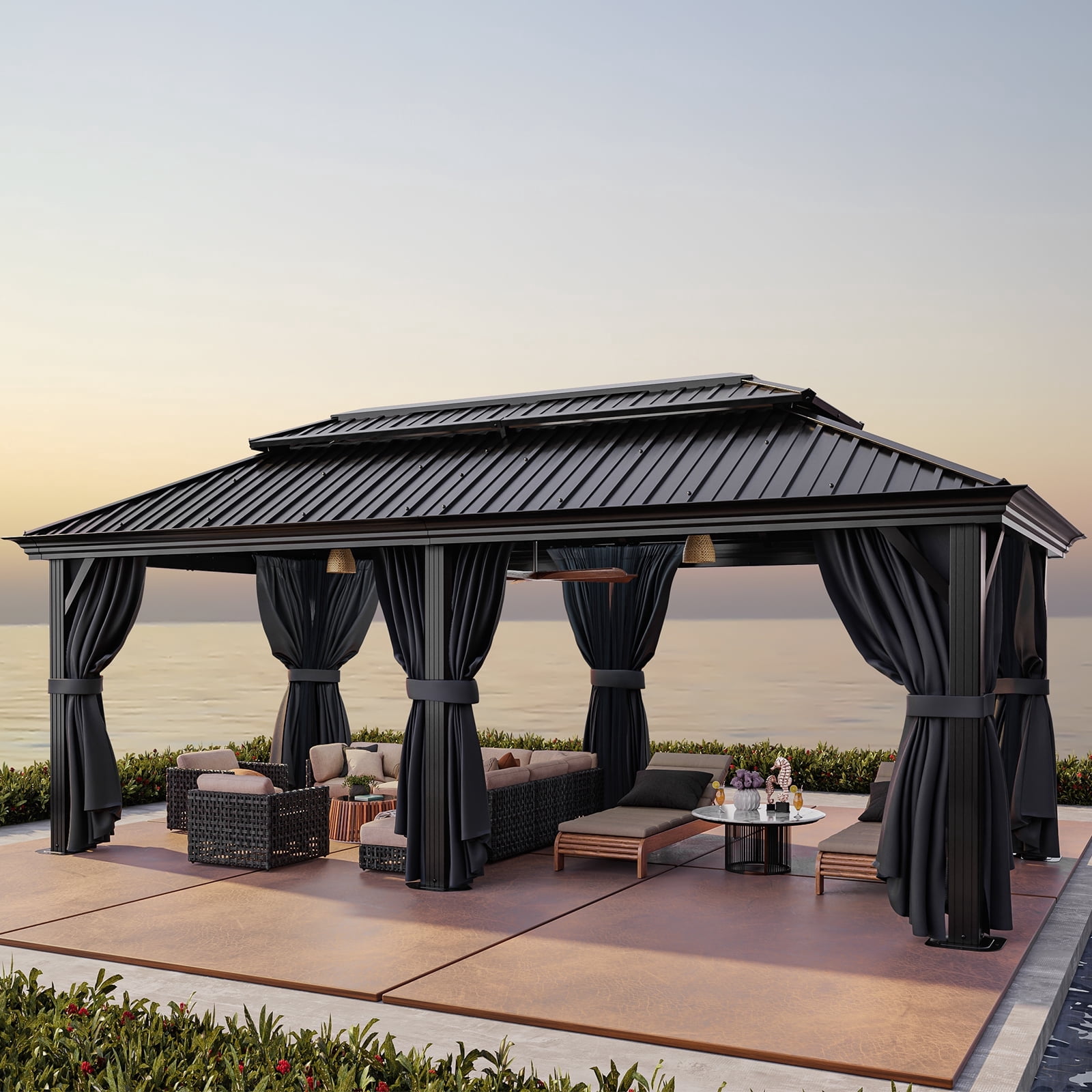 HOTEEL 12x20 Hardtop Gazebo on clearance with Metal Roof & Drainage System, Heavy Duty Galvanized Steel Gazebo with Aluminum Frame, Privacy Curtains and Netting, for All-Weather, Black