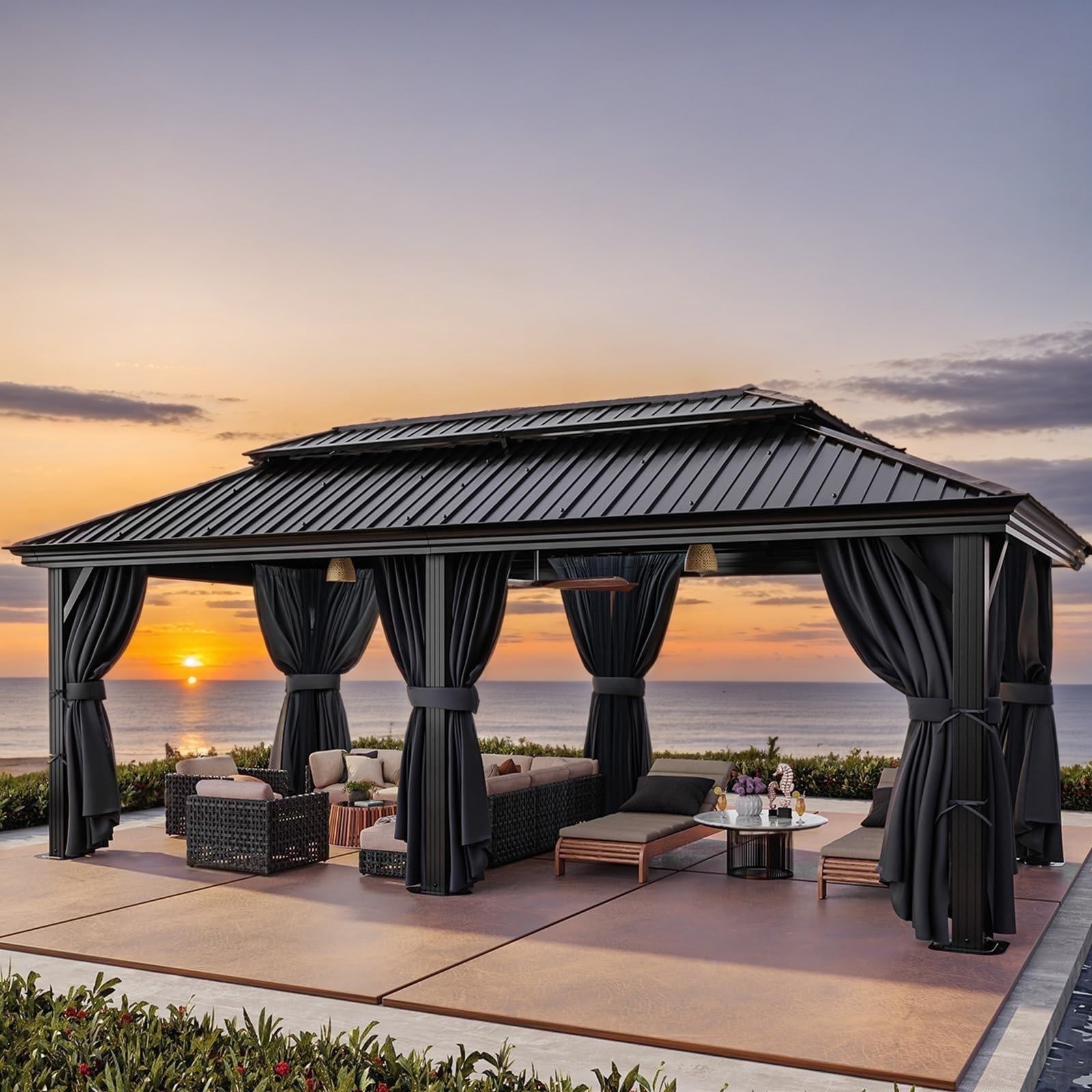 12x20 Black Aluminum and Steel Hardtop Gazebo with Curtains and Netting