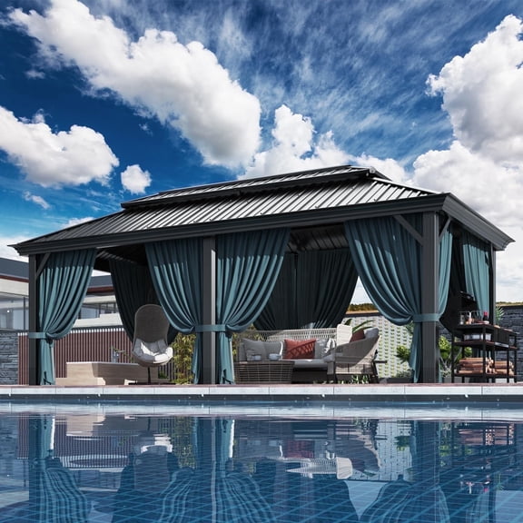 HOTEEL 12'x20' Hardtop Gazebo, Heavy Duty Galvanized Steel Double Roof, Permanent Design, with Net and Curtain, Aluminum Frame, Suitable for Patio, Backyard, Deck and Lawn (Black)