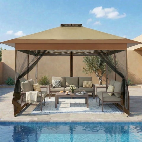 HOTEEL 13x13ft Pop-Up Gazebo Outdoor Canopy Tent with Adjustable Height, UV 50+ Sun Protection & Removable Mosquito Net - Waterproof Instant Shelter, Khaki