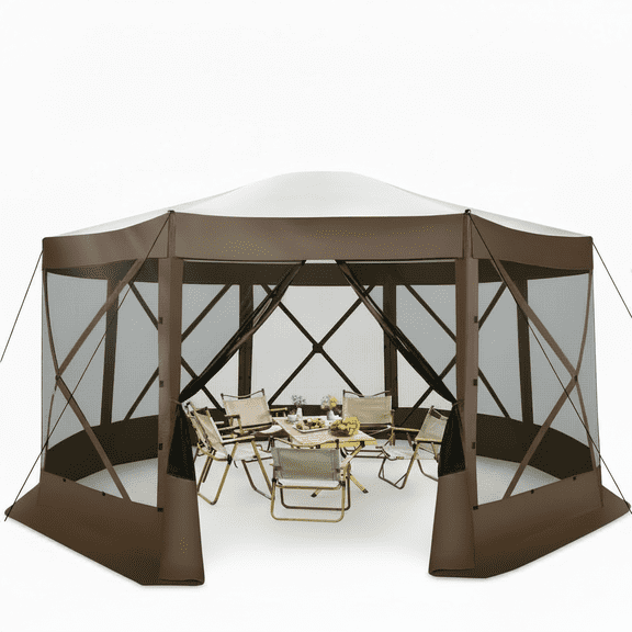 HOTEEL 15x15ft Outdoor Pop Up Gazebo for Camping, Screen Tent with Mosquito Netting, Waterproof, UV Resistant, Portable Carry Bag, Brown