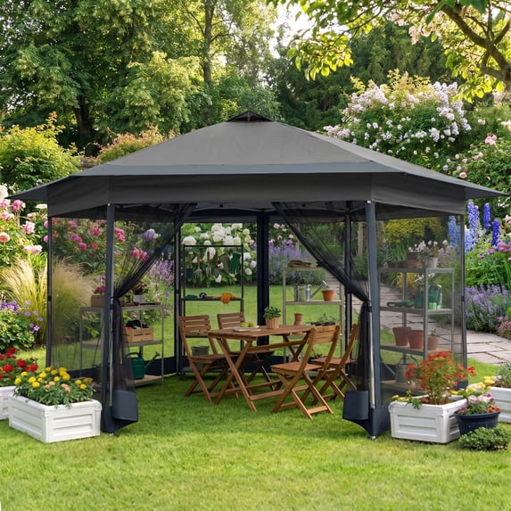 HOTEEL 16' x 16' Hexagon Pop-Up Gazebo Patio Outdoor Canopy Tent with Netting, Adjustable Height and 256 Square ft of Shade for Garden, Party, Backyard with Vented Top, Gray