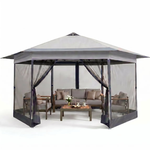 HOTEEL 16x16 Pop up Gazebo, Hexagonal Outdoor Canopy Shelter, Instant Patio Gazebo Sun Shade Canopy Tent with Netting & Adjustable Height for Lawn, Garden, Backyard & Deck, Silver