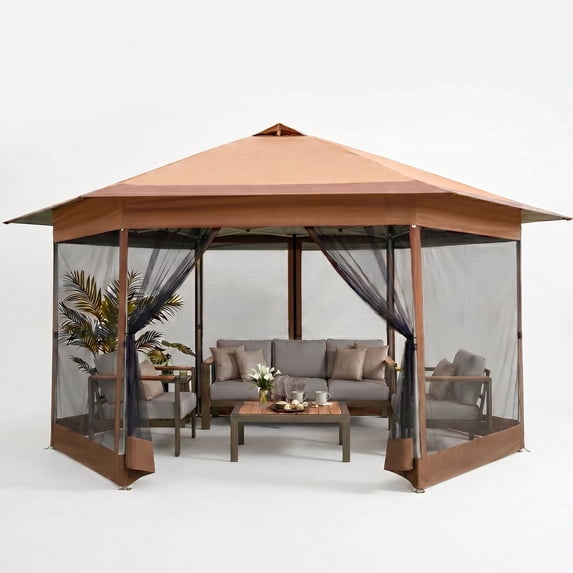 HOTEEL 16x16 Pop up Gazebo, Hexagonal Outdoor Canopy Shelter, Instant Patio Gazebo Sun Shade Canopy Tent with Netting & Adjustable Height for Lawn, Garden, Backyard & Deck, Brown