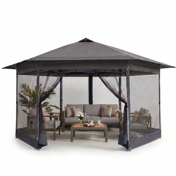 HOTEEL 16x16 Pop up Gazebo, Hexagonal Outdoor Canopy Shelter, Instant Patio Gazebo Sun Shade Canopy Tent with Netting & Adjustable Height for Lawn, Garden, Backyard & Deck, Gray