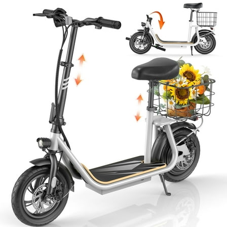 HOTEEL 500W Electric Scooters with Seats,20Mph Top Speed,22Miles Range,Second Seat for Kids & Pets,Electric Scooter with Large Carry Basket,Commuter Ebike for Adults&Teens