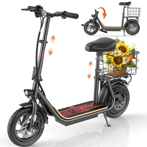 HOTEEL 500W Electric Scooters with Seats,20Mph Top Speed,22Miles Range,Second Seat for Kids & Pets,Electric Scooter with Large Carry Basket,Commuter Ebike for Adults&Teens