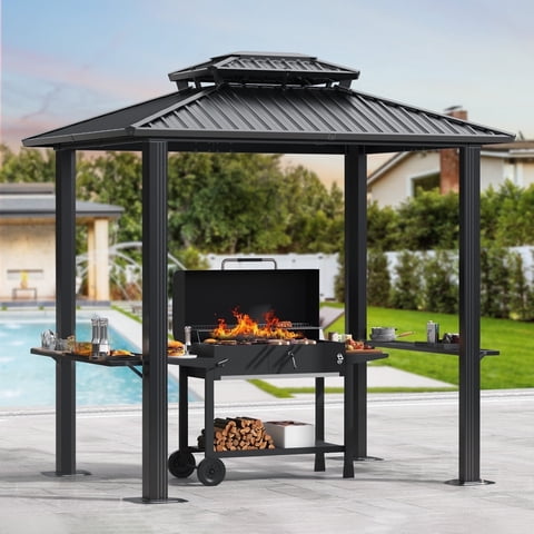 HOTEEL 6x8 FT Hardtop Grill Gazebo with Vented Double Roof, Galvanized Steel Sun & Rain Shelter, Rust-Resistant Aluminum BBQ Gazebo for Outdoor Cooking, Patio, Backyard (Black)