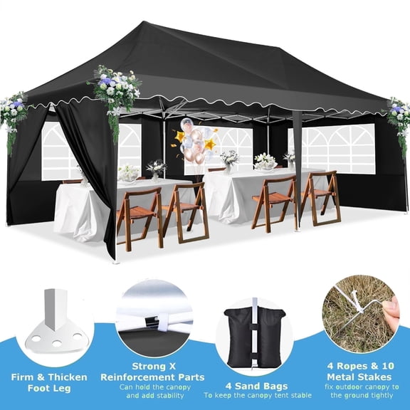 HOTEEL Canopy 10'x20' Pop Up Canopy Tent Heavy Duty Waterproof Adjustable Commercial Instant Canopy Outdoor Party Canopy Parties,Wedding,Outside Patio,Event,Backyard,White+Black