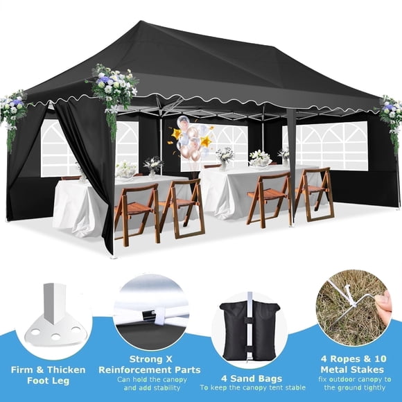HOTEEL Canopy 10'x20' Pop Up Canopy Tent Heavy Duty Waterproof Adjustable Commercial Instant Canopy Outdoor Party Canopy Parties,Wedding,Outside Patio,Event,Backyard,White+Black
