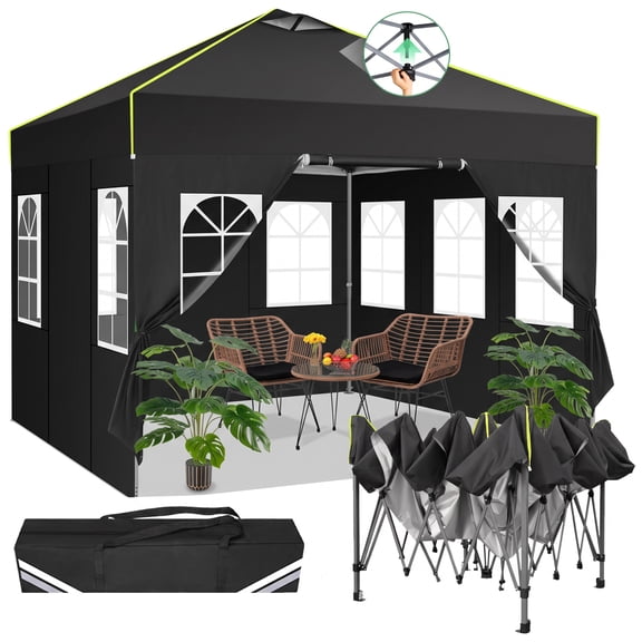 HOTEEL Canopy 10x10 Waterproof Pop up Canopy Tent with 4 Sidewalls Outdoor Event Shelter Tent for Parties Sun Shade Party Commercial Canopy with Air Vent & One Push Central Button, Black