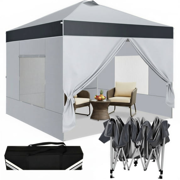 HOTEEL Canopy 10x10 Waterproof Pop up Canopy Tent with 4 Sidewalls Outdoor Event Shelter Tent for Parties Sun Shade Party Commercial Canopy with Air Vent & One Push Central Button, Light Gray