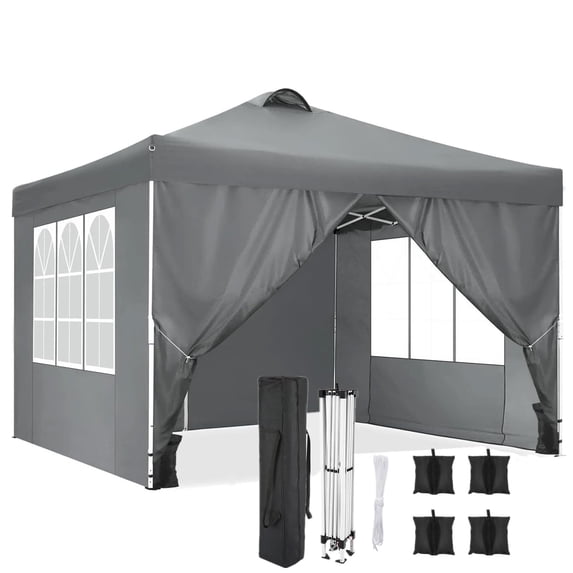 HOTEEL Canopy 10x10 Waterproof Pop up Canopy Tent with 4 Sidewalls Outdoor Event Shelter Tent for Parties Sun Shade Party Commercial Canopy with Air Vent & One Push Central Button, Gray