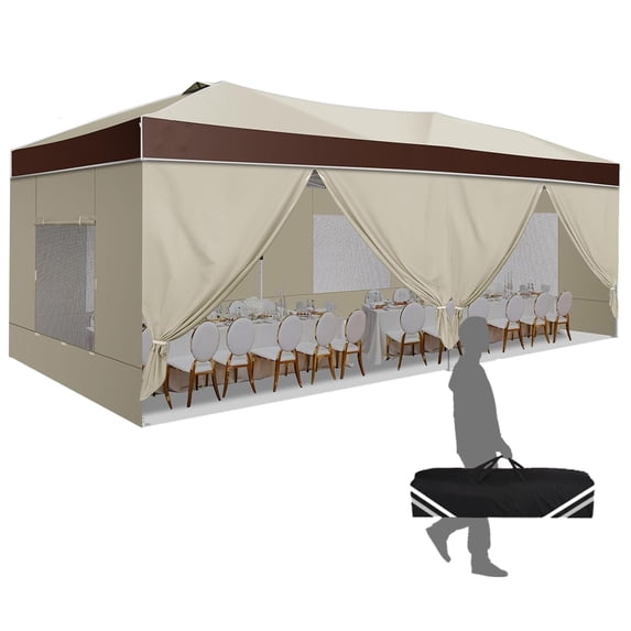 HOTEEL Canopy 10x20 Pop up Canopy Tent with 4 Sidewalls, Outdoor Pop up Gazebo for Parties Sun Shade Party Commercial Canopy with Air Vent & One Push Central Button, Brown