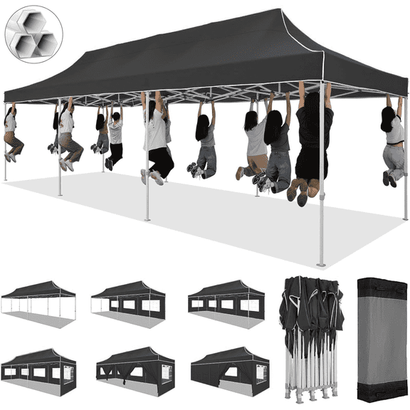 HOTEEL Canopy 10x30 Pop up Canopy with 8 Sidewalls Heavy Duty Party Tent Outdoor Party Event Gazebo Commercial Canopy Tents for Parties Wedding Outdoor Events,Black