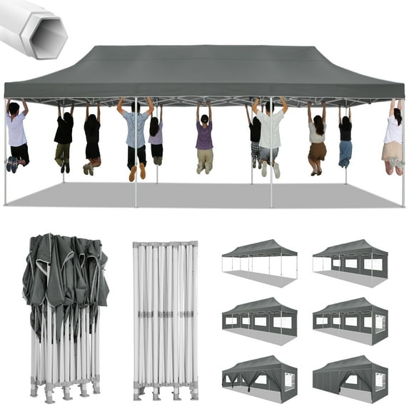 HOTEEL Canopy 10x30 Pop up Canopy with 8 Sidewalls Heavy Duty Party Tent Outdoor Party Event Gazebo Commercial Canopy Tents for Parties Wedding Outdoor Events,Gray