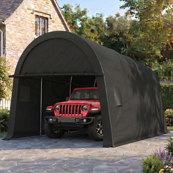 HOTEEL Carport 10x15ft Heavy Duty Portable Garage with All-Steel Metal Frame & Vents, All-Season Round Style Outdoor Storage Shed for Car, Truck, Boat, Patio Furniture Anti-Snow Waterproof