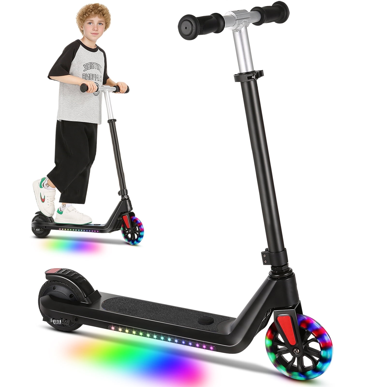 SANOPY Electric Scooter for Kids Ages 6-12, Kick Scooter with 7 Colorful Lights，Peak 151W Powerful Motor,Top 8 Mph and 5 Miles, Adjustable Height E-Scooter for Boys Girls,Black,UL2272 Certified