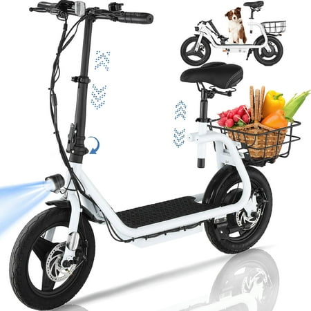 HOTEEL Electric Scooter with Seat, 500W Peak 15 Miles Range 20 Mph, Foldable Electric Scooter for Adults with Basket, White