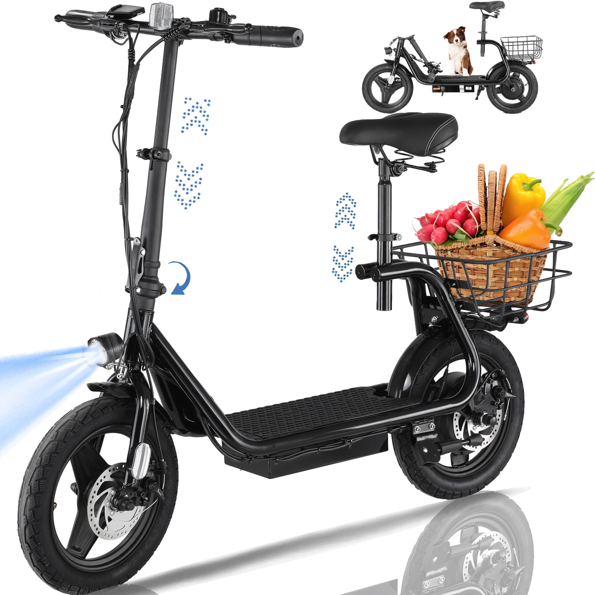 HOTEEL Electric Scooter with Seat, 560W Peak 500Wh Battery 15 Miles Range 20Mph Top Speed, Foldable Electric Scooter for Adults with Basket, Black