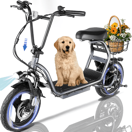 SANOPY Electric Scooter with Seat, 819W Peak 500Wh Battery 25 Miles Range 20Mph Top Speed, Foldable Electric Scooter for Adults with Basket, Black Gray