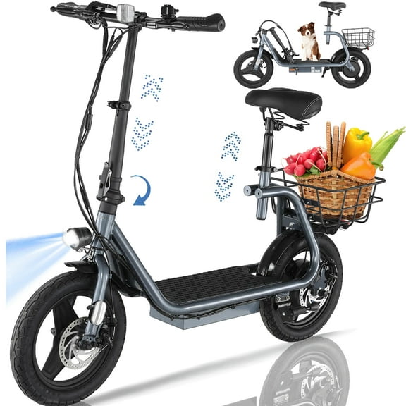 HOTEEL Electric Scooter with Seat, 819W Peak 500Wh Battery 25 Miles Range 20Mph Top Speed, Foldable Electric Scooter for Adults with Basket, Gray