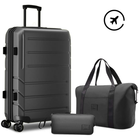 HOTEEL 3 Piece Carry on Luggage Set,Expandable ABS+PC Lightweight Hard Shell Suitcases with Spinner Wheels&TSA Lock,Portable Travel Bag and Toiletry Bag,Black